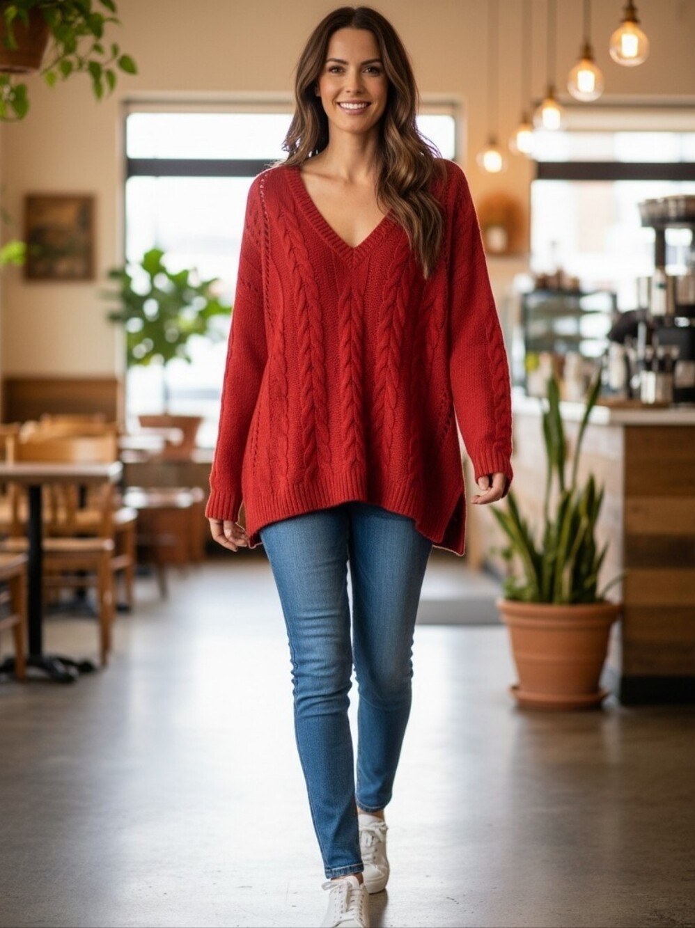 Red Cable Knit V-Neck Sweater